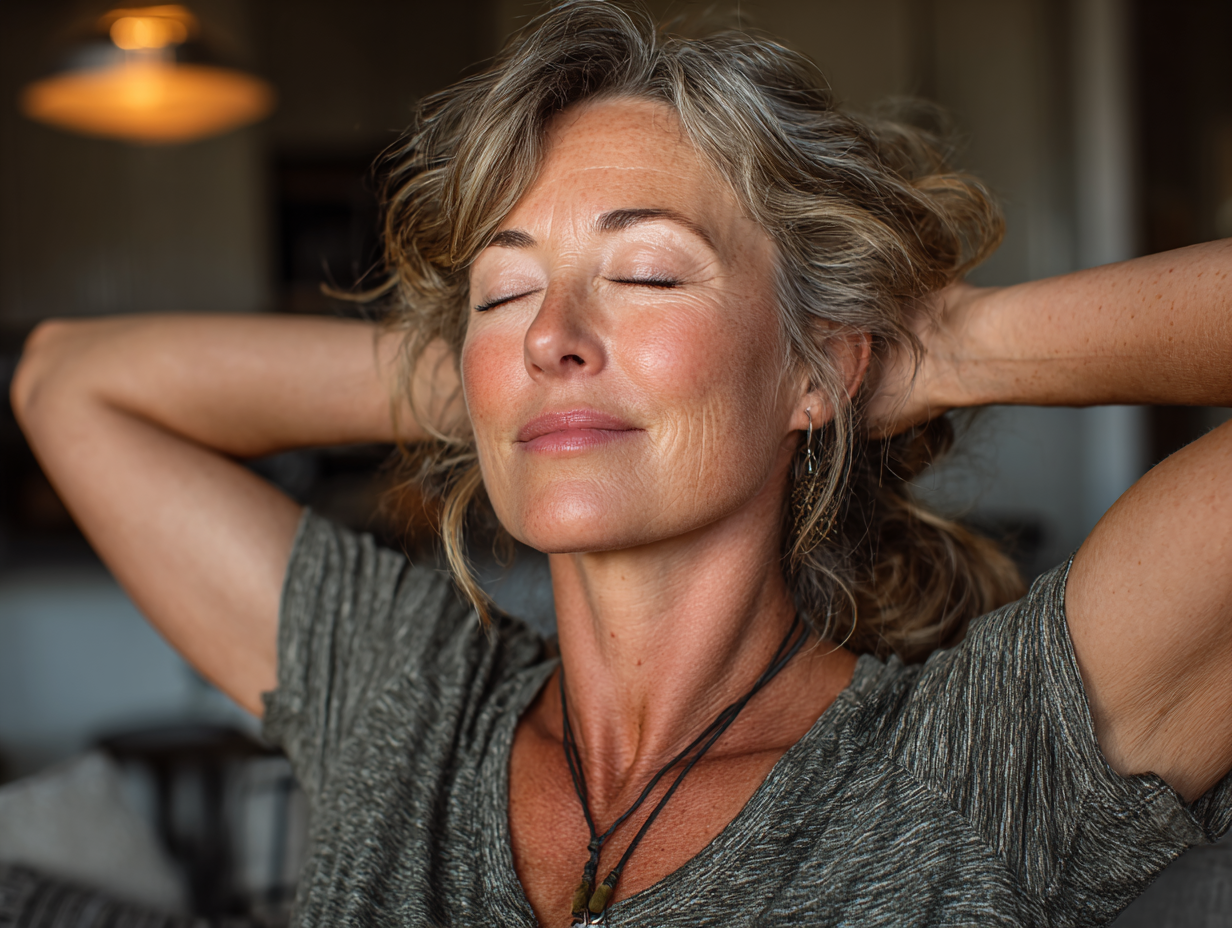 Възрастна жена практикува йога в спокойна обстановка